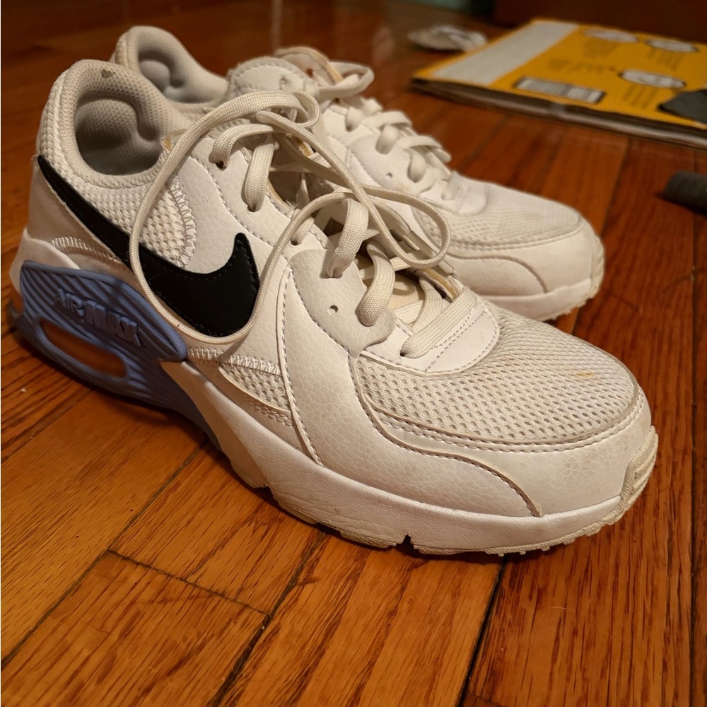 Nike White Mesh & Leather Sneakers with Black Swoosh and Blue Heel Accent